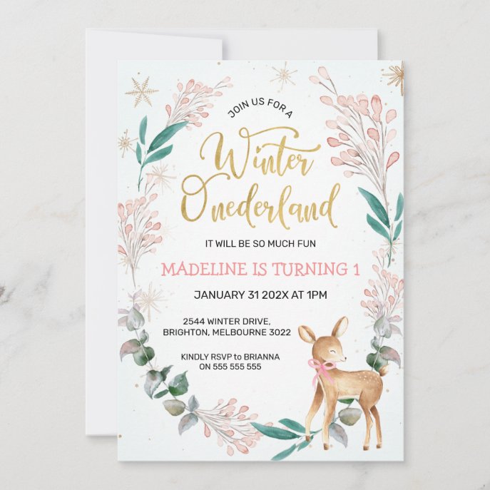 Wreath And Deer Winter Onederland Birthday Invitation