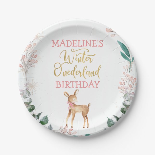 Wreath And Deer Winter Onederland Birthday Paper Plates (Front)