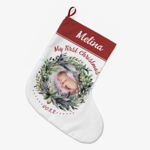Wreath and greenery Baby's First Christmas photo Large Christmas Stocking