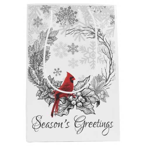 Wreath and Red Bird Seasons Greetings Holiday Medium Gift Bag