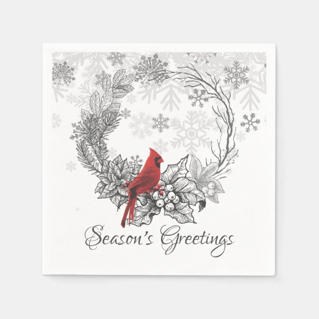 Wreath and Red Bird Season's Greetings Holiday Napkins (Front)