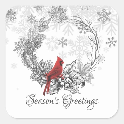 Wreath and Red Bird Seasons Greetings Holiday Square Sticker