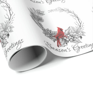 Wreath and Red Bird Season's Greetings Holiday Wrapping Paper