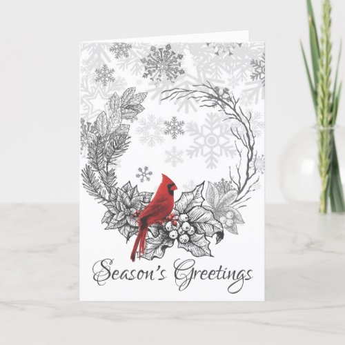 Wreath and Red Bird Seasons Greetings Winter Holiday Card