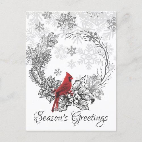 Wreath and Red Bird Seasons Greetings Winter Holiday Postcard