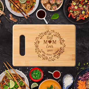 Wreath Best MOM Ever Heart and Kid's Names Year Engraved Cutting Board