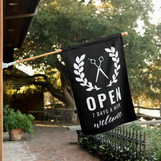 Wreath Black White Scissors Welcome Open House Flag (In SItu)