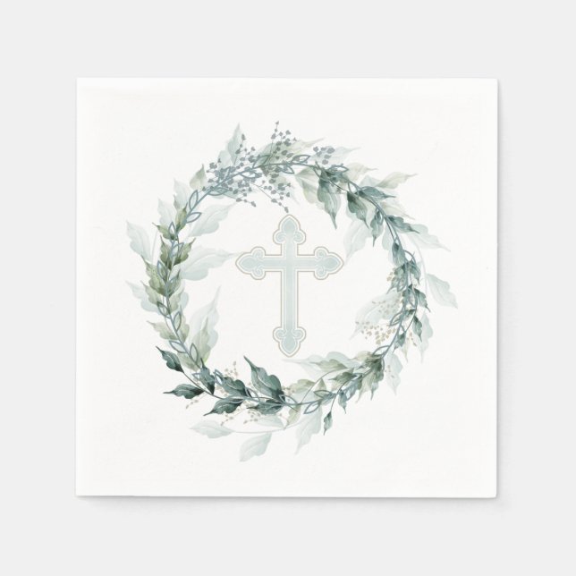 Wreath Blue Cross Communion Baptism Christening Napkins (Front)