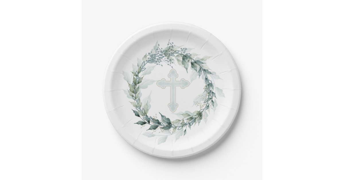 Wreath & Blue Cross Communion Baptism Christening Paper Plate | Zazzle.com
