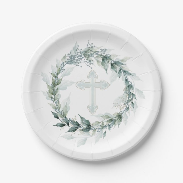 Wreath & Blue Cross Communion Baptism Christening Paper Plates (Front)