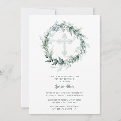 Wreath Blue Cross First Communion Invitation