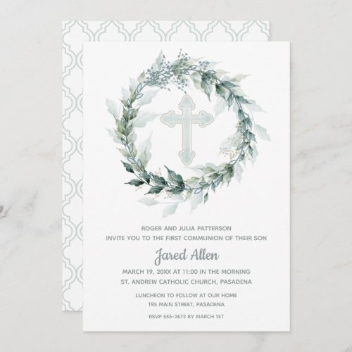 Wreath Blue Cross First Communion Invitations