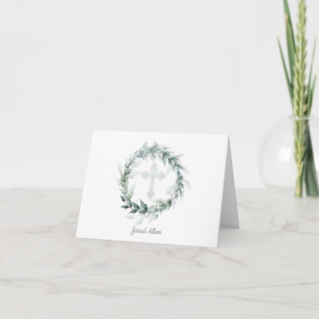 Wreath & Blue Cross First Communion Thank You Note Card (Front)