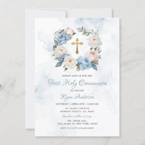Wreath Blue Pink First Holy Communion  Invitation