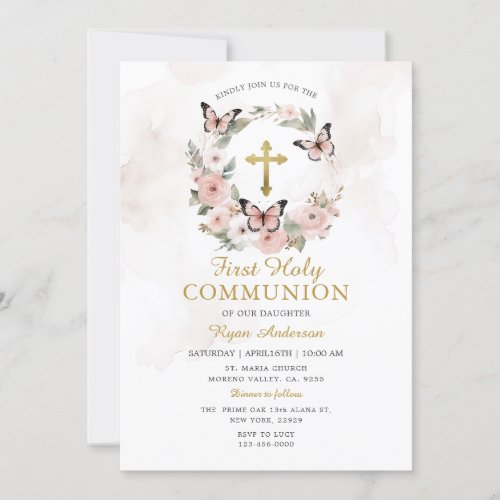 Wreath Butterfly Pink Roses First Holy Communion  Invitation