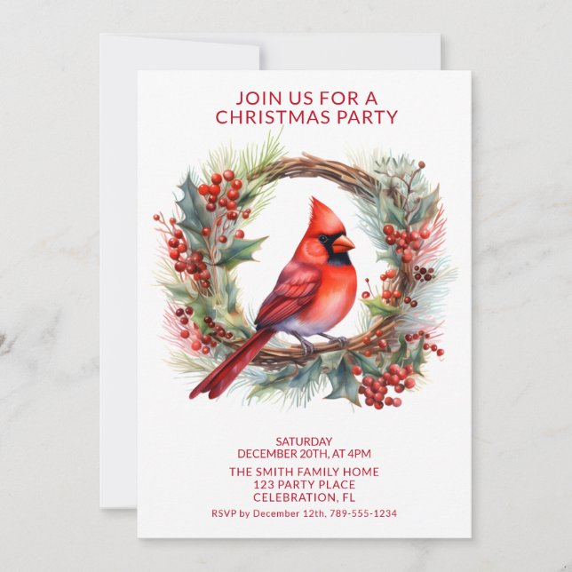 Wreath Cardinal with Red Font Party Invitation (Front)