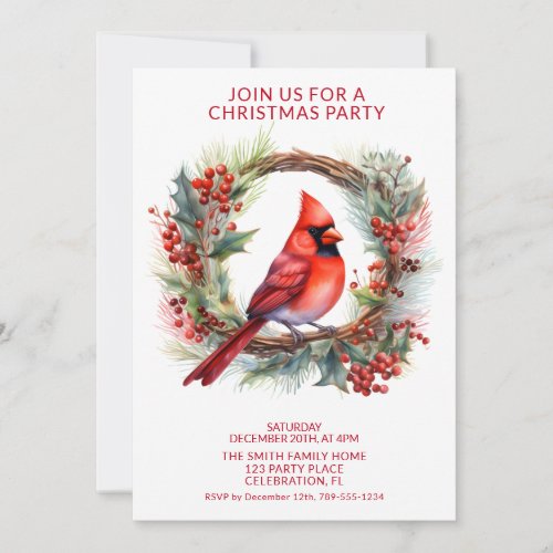 Wreath Cardinal with Red Font Party Invitation