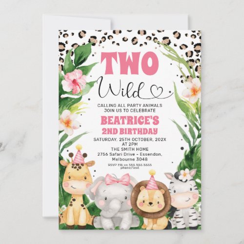 Wreath Cheetah Print Safari Two Wild 2nd Birthday  Invitation