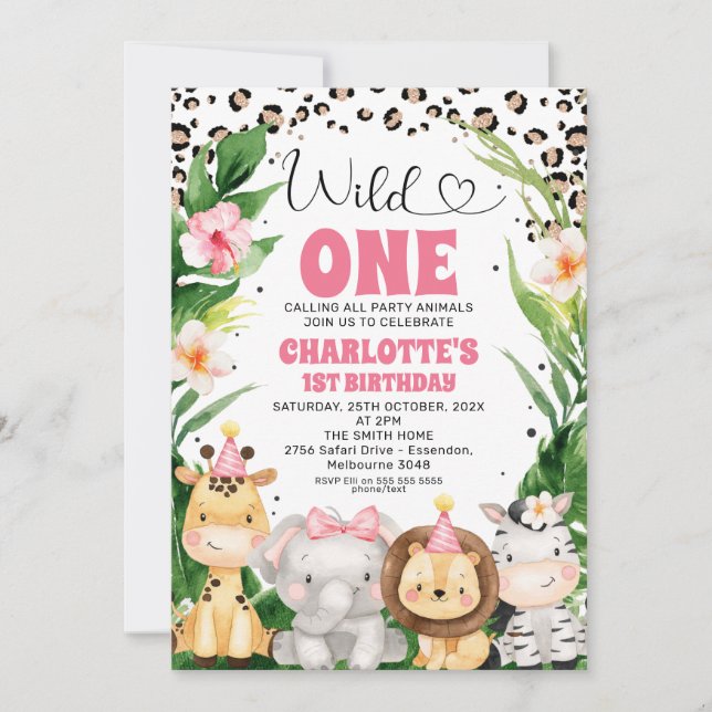 Wreath Cheetah Print Safari Wild One 1st Birthday Invitation (Front)