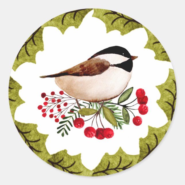 Wreath Chickadee Christmas Sticker (Front)