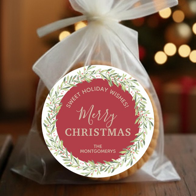 Wreath Christmas Homemade Holiday Baking Classic Round Sticker (Greenery and berries wreath Merry Christmas homemade holiday baking dark red stickers)