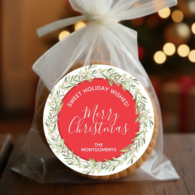 Wreath Christmas Homemade Holiday Baking Classic Round Sticker (Greenery and berries wreath Merry Christmas homemade holiday baking red stickers)