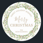 Wreath Christmas Homemade Holiday Baking Classic Round Sticker<br><div class="desc">Beautiful "Sweet Holiday Wishes" stickers to label your Christmas holiday homemade goods,  cookies,  candy,  treats,  party favors and more features a winter greenery and berries wreath,  Merry Christmas and your name in chic lettering.</div>