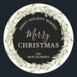 Wreath Christmas Homemade Holiday Baking Classic Round Sticker<br><div class="desc">Beautiful "Sweet Holiday Wishes" stickers to label your Christmas holiday homemade goods,  cookies,  candy,  treats,  party favors and more featuring a winter greenery and berries wreath,  Merry Christmas and your name in chic gold lettering on a black background.</div>