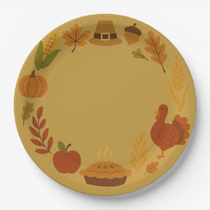 Wreath Circular Thanksgiving Rich Dusty Mustard Paper Plates