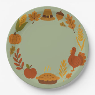 Wreath Circular Thanksgiving Sage Green Paper Plates