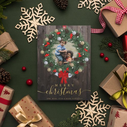 Wreath Custom Photo Merry Christmas Family Name Foil Holiday Card