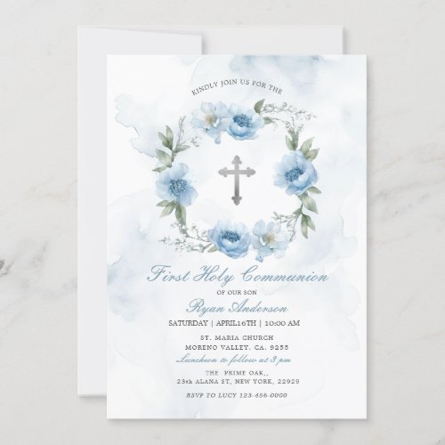 Wreath Dusty Blue First Holy Communion  Invitation