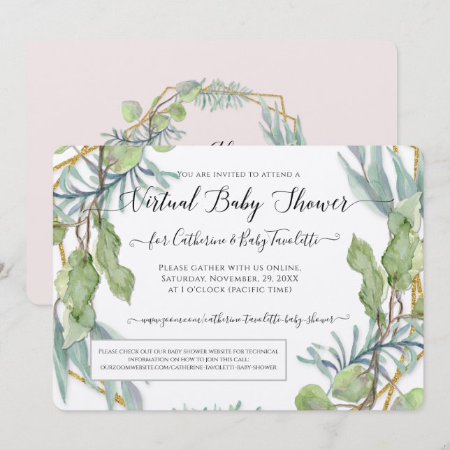 Wreath Eucalyptus Foliage Virtual Baby Girl Shower Invitation (Front/Back)