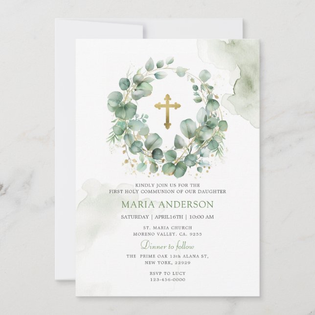 Wreath Eucalyptus Greenery First Holy Communion  Invitation (Front)