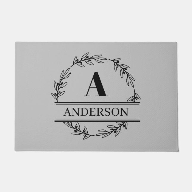 Wreath Family Name Monogram Black Gray Doormat (Front)