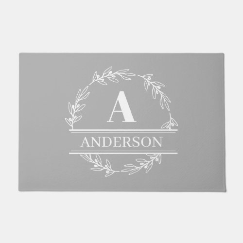 Wreath Family Name Monogram White Gray Doormat