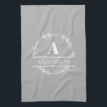 Wreath Family Name Monogram White Gray  Kitchen Towel<br><div class="desc">Personalize with your own initial and name.</div>