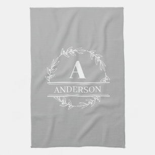 Wreath Family Name Monogram White Gray  Kitchen Towel