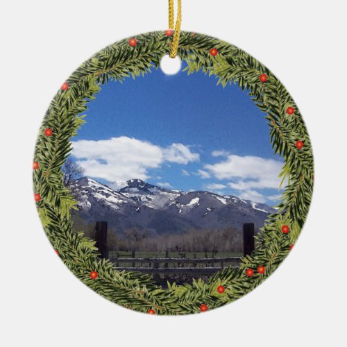 Wreath Fence to Ruby Mountains Ceramic Ornament