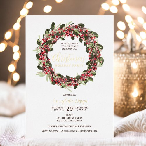 Wreath festive gold corporate Christmas Foil Invitation