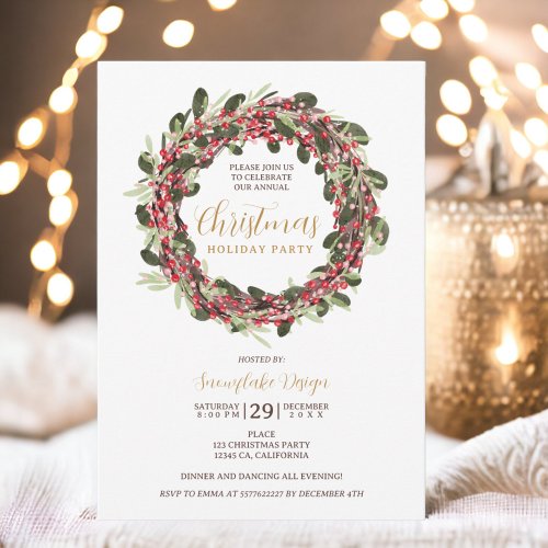Wreath festive gold corporate Christmas Invitation