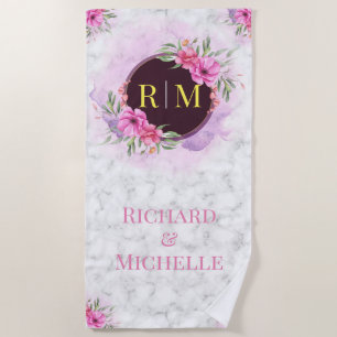 Wreath Floral Initial Letter Monogram Name Marble Beach Towel