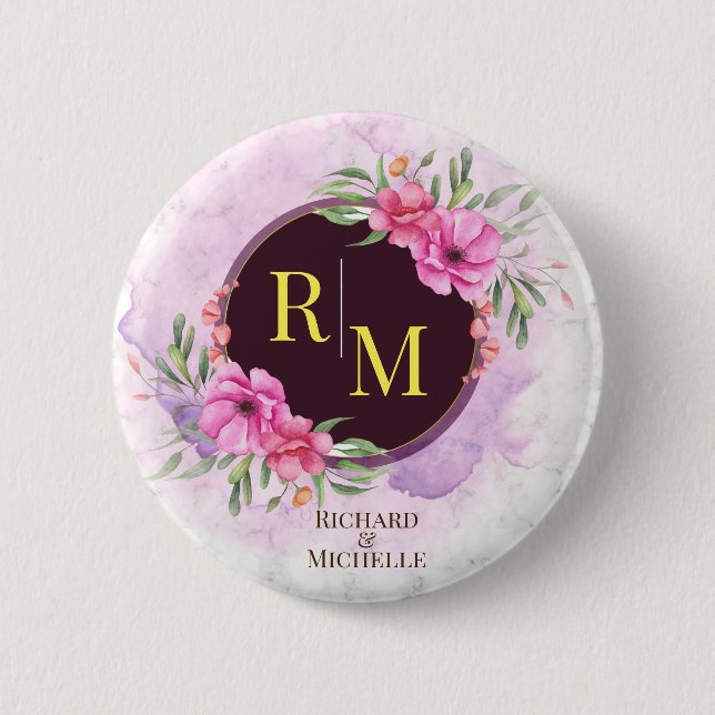 Wreath Floral Initial Letter Monogram Name Marble Button (Front)