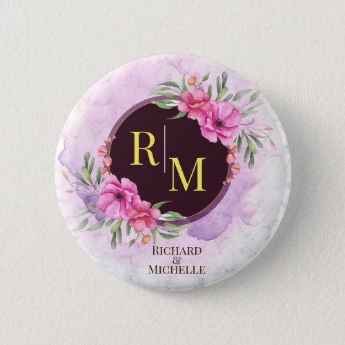 Wreath Floral Initial Letter Monogram Name Marble Button