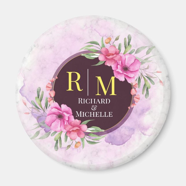 Wreath Floral Initial Letter Monogram Name Marble Magnet (Front)