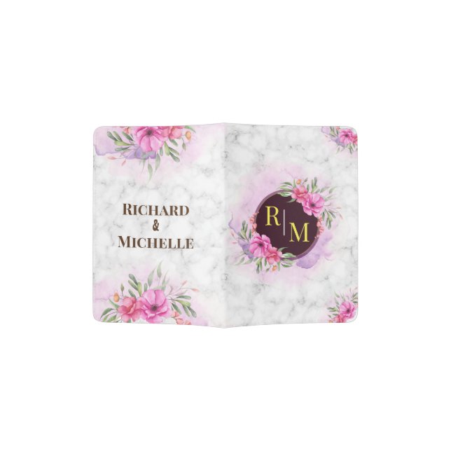 Wreath Floral Initial Letter Monogram Name Marble Passport Holder (Opened)