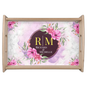 Wreath Floral Initial Letter Monogram Name Marble Serving Tray