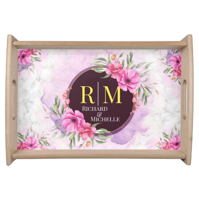 Wreath Floral Initial Letter Monogram Name Marble Serving Tray (Front)