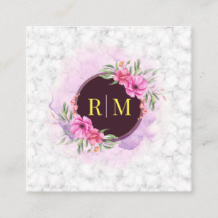 Wreath Floral Initial Letter Monogram Name Marble  Square Business Card