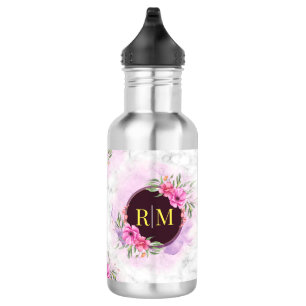 Wreath Floral Initial Letter Monogram Name Marble Stainless Steel Water Bottle